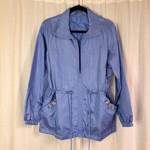 Vintage 80s Blue Floral Embroidered Windbreaker Jacket Zip Front